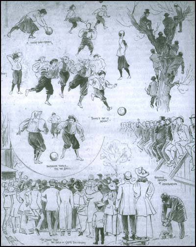 Early caricature of female footballers from 1895, courtesy of Spartacus 