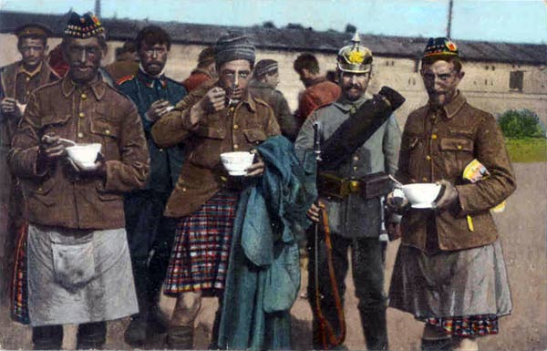 Scottish prisoners of war enjoying a bowl of soup. Courtesy, Great War in Color